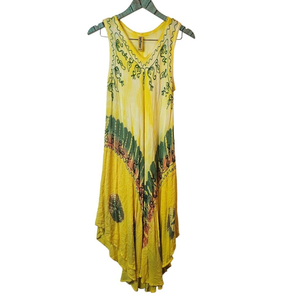 Retro Style SUNFLOWER Brand Tie Dye Embroider Stitch Assymetrical Hem Dress OSFM